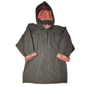 Complices Stewart Plaid Jacket Womens L Black Hooded Flannel Red Tartan Shacket